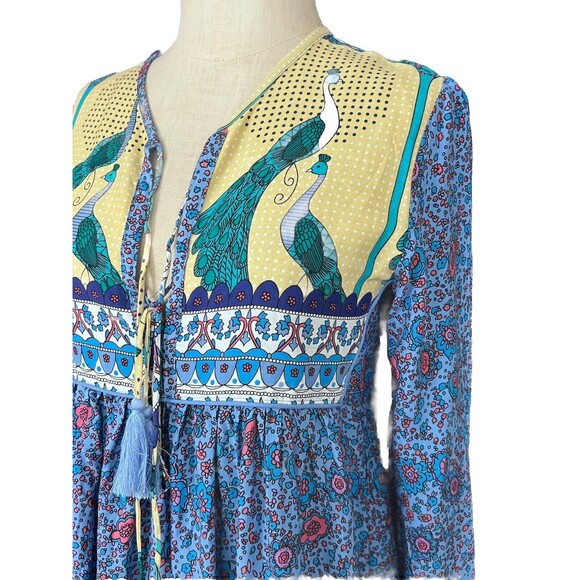 R. Vivimos Dress Artsy Colorful Boho Peacock Blue Floral V-Neck Bold Size 2 - Picture 11 of 12